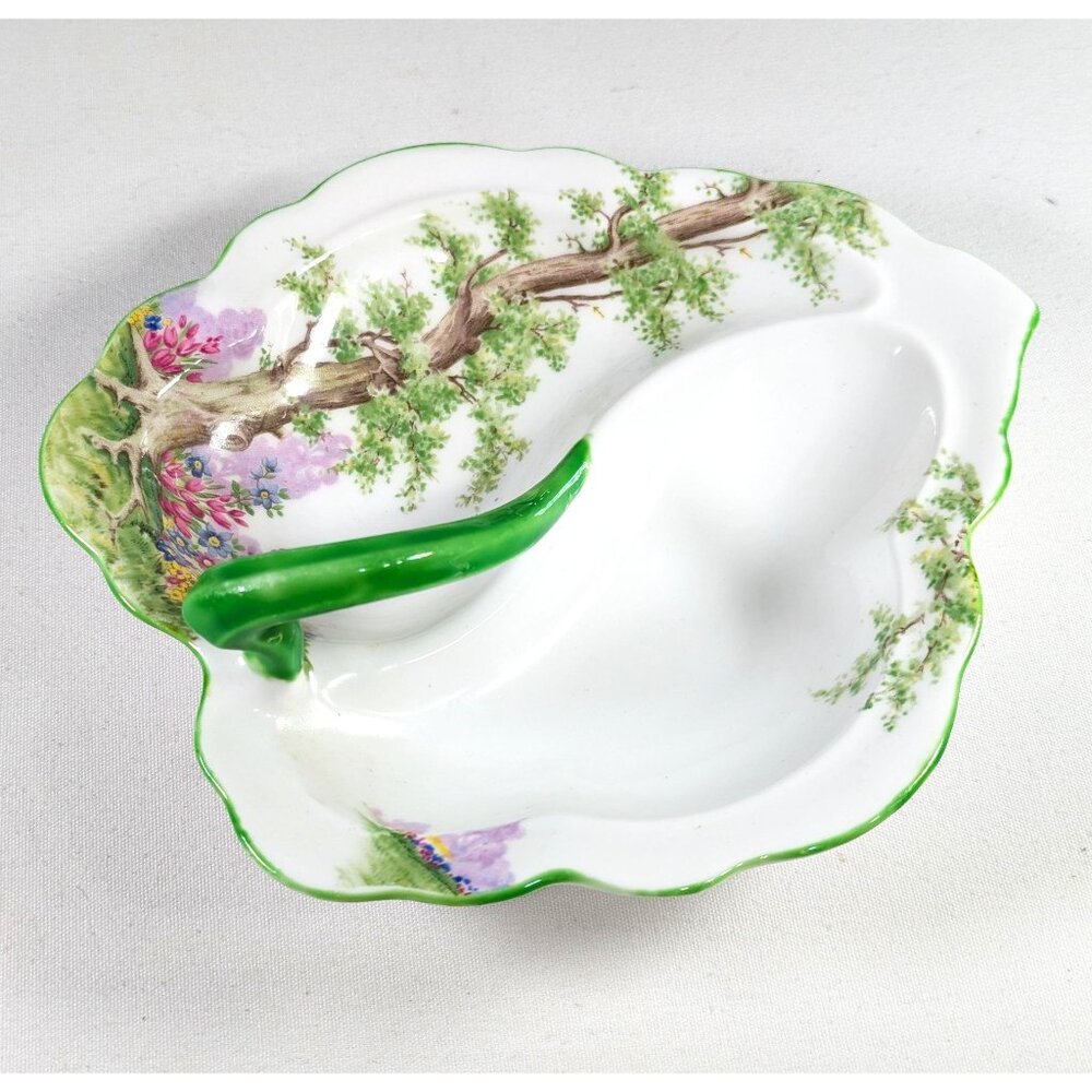 RARE 1920s Royal Albert Greenwood Tree 2 part relish dish, split condiment